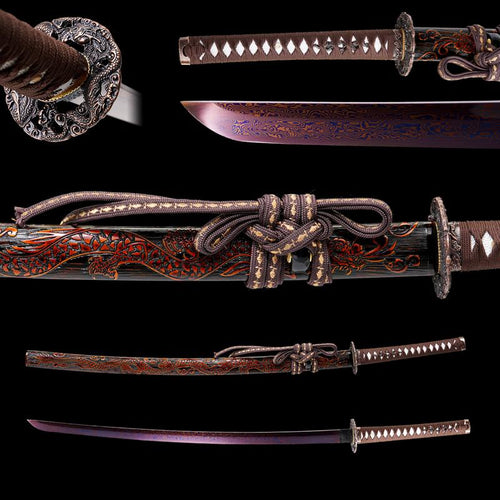 Dusk Flame Handcrafted Damascus Steel Authentic Japanese Samurai Sword Featuring a Red Damascus Blade, 18-Step Hand Polishing, Full Tang Craftsmanship with Hamon, an Exquisite Red Dragon Sheath, and a Premium Forged Masterpiece, Making It an Ideal Gif