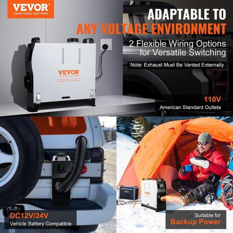 VEVOR 5-8KW Diesel Air Heater 110V Adapter and DC12V T-Shaped Plug External Wiring, All in One with Remote Control and LCD Screen, Fast Heating Low Noise, Portable Parking Diesel Heater for Truck Van RV Trailer Camper and Indoors