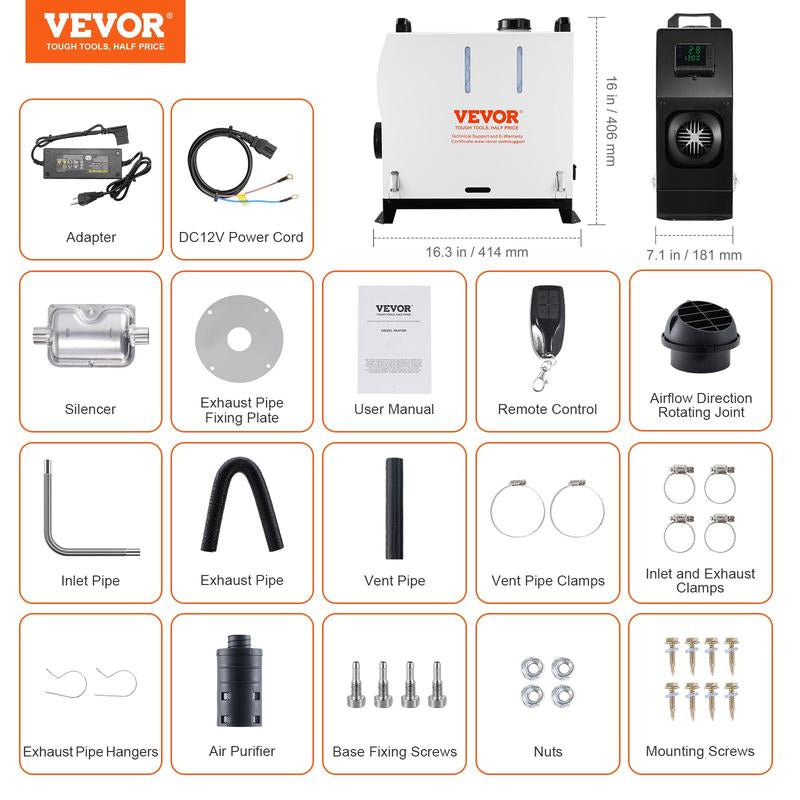 VEVOR 5-8KW Diesel Air Heater 110V Adapter and DC12V T-Shaped Plug External Wiring, All in One with Remote Control and LCD Screen, Fast Heating Low Noise, Portable Parking Diesel Heater for Truck Van RV Trailer Camper and Indoors