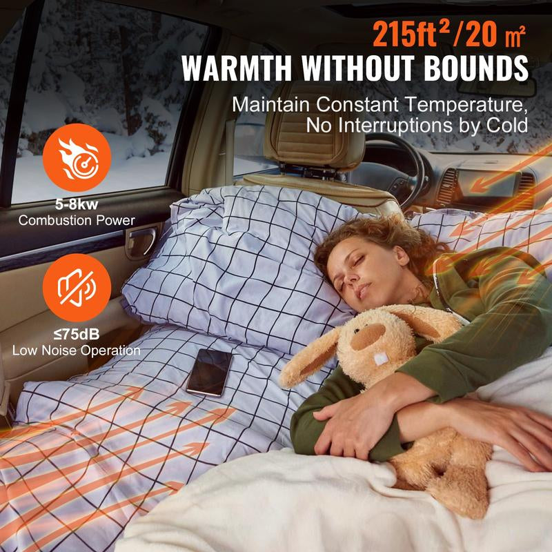 VEVOR 5-8KW Diesel Air Heater 110V Adapter and DC12V T-Shaped Plug External Wiring, All in One with Remote Control and LCD Screen, Fast Heating Low Noise, Portable Parking Diesel Heater for Truck Van RV Trailer Camper and Indoors